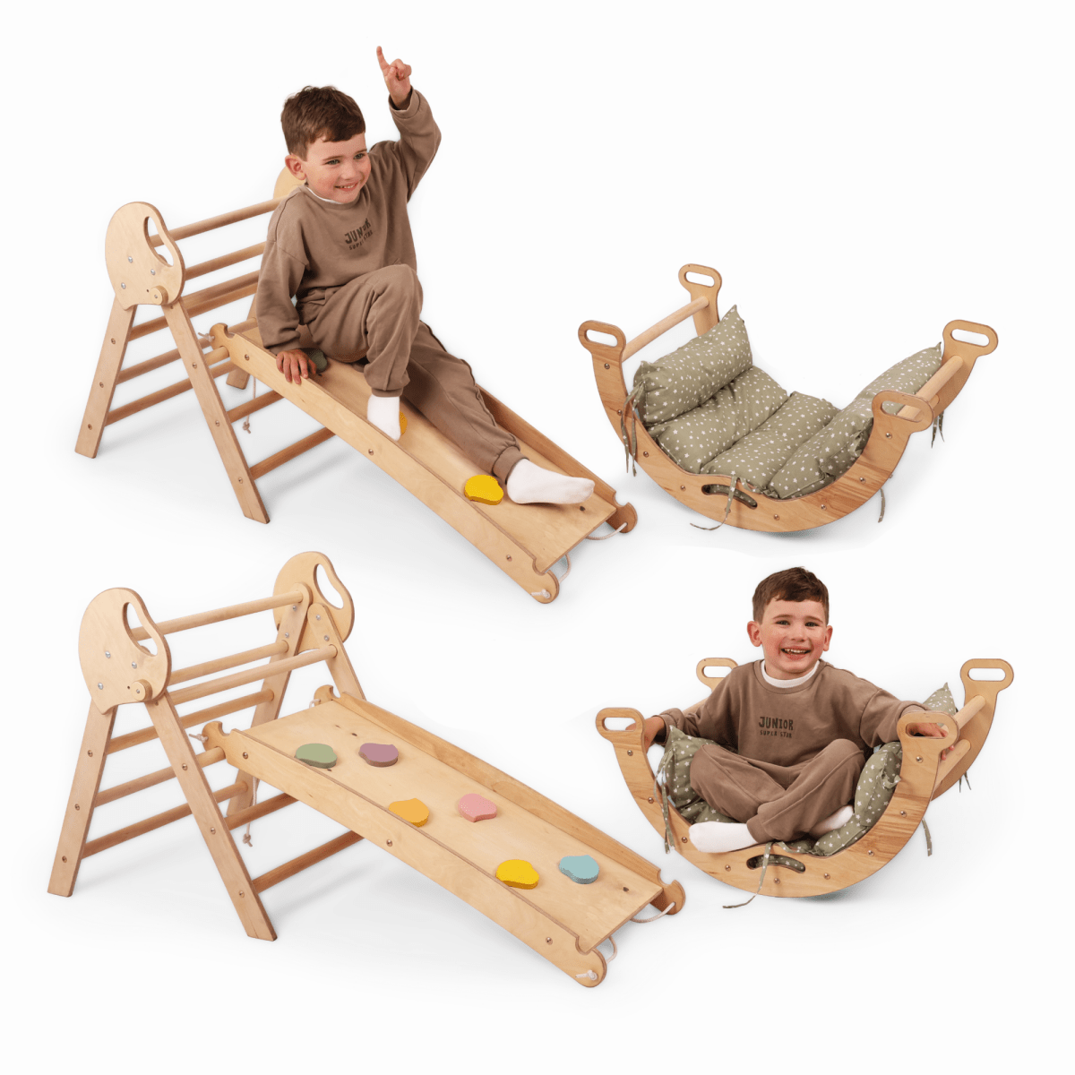 4in1 Montessori Climbing Set: Pikler Triangle, Arch, Slide Board, and Cushion for Toddlers (1–3 Years)