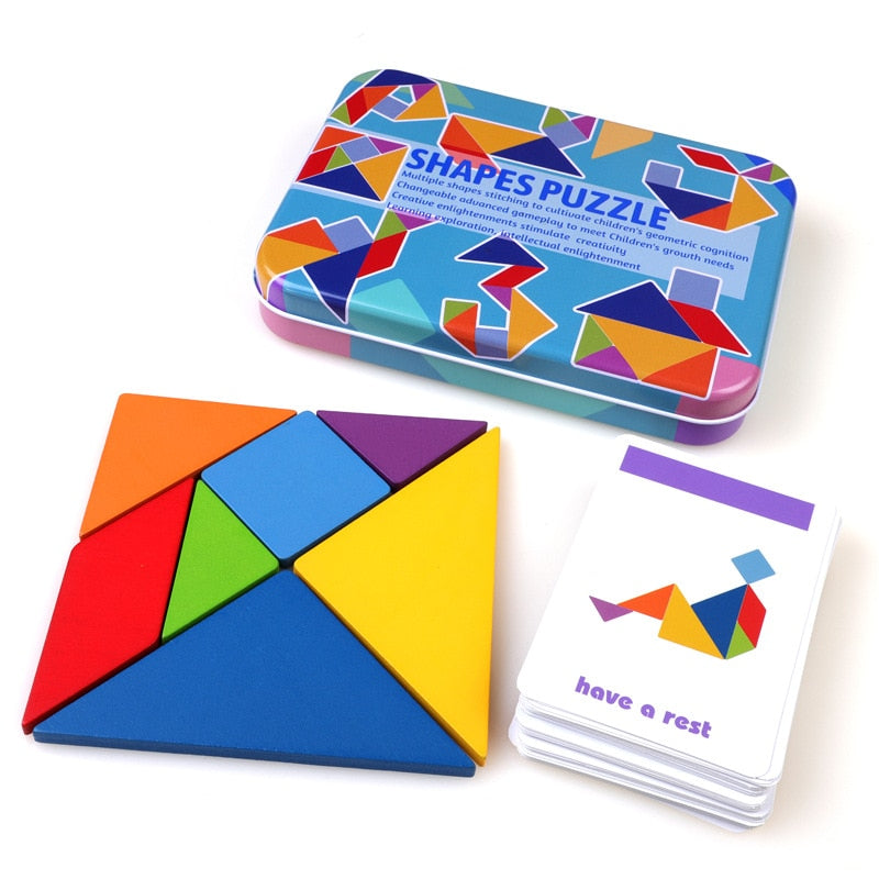 Colorful Wooden Tangram Puzzle in Tin Box