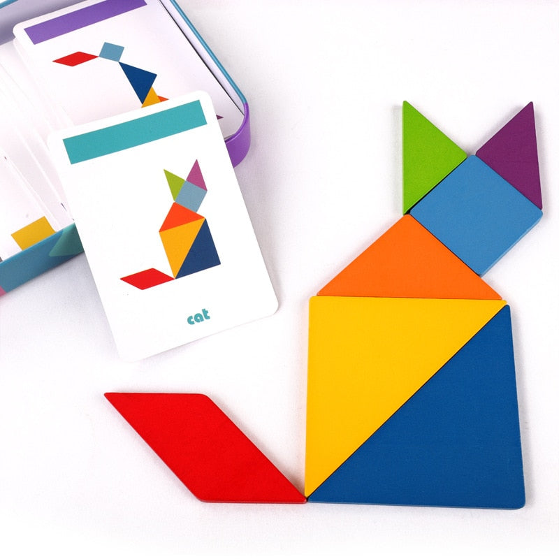 Colorful Wooden Tangram Puzzle in Tin Box