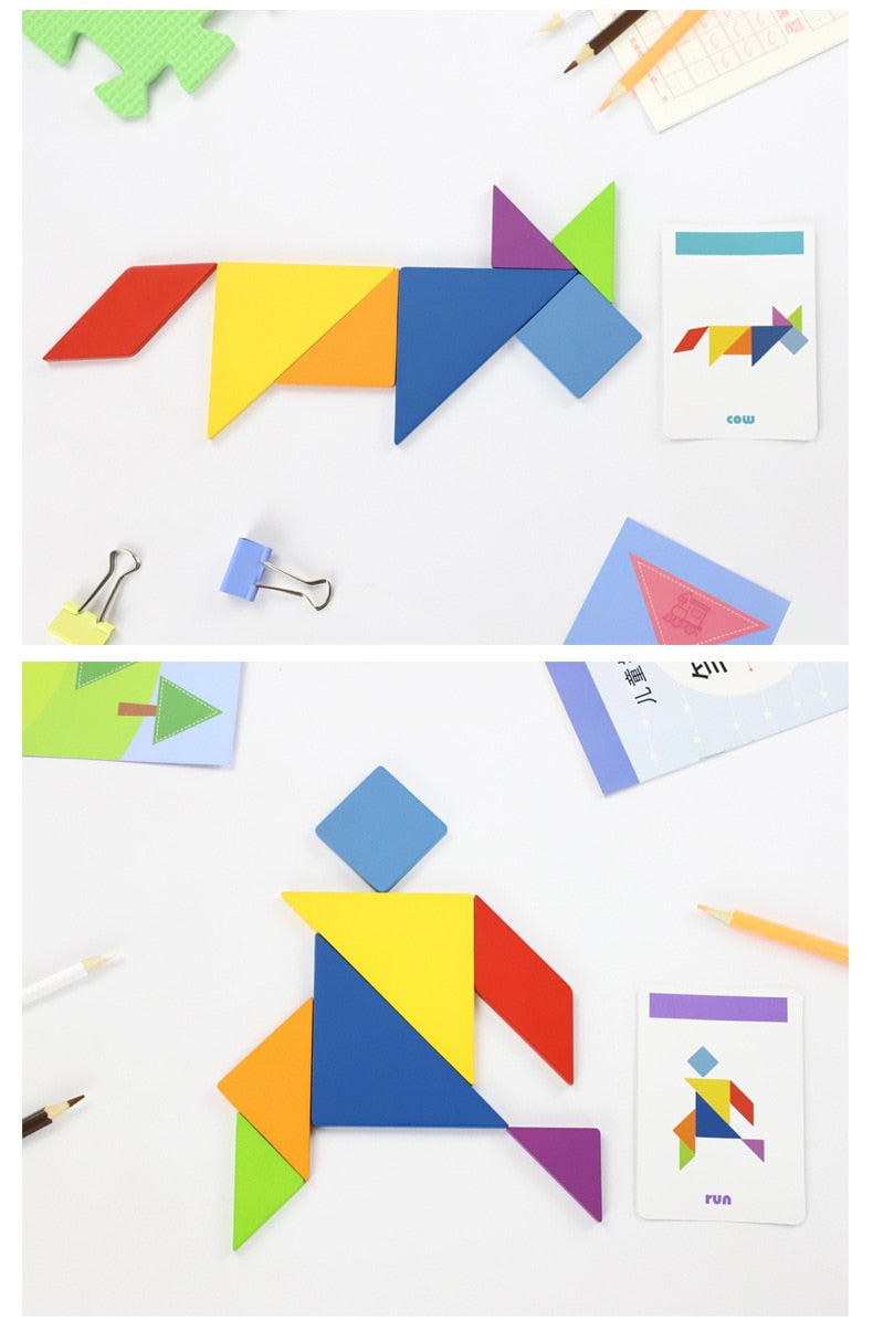 Colorful Wooden Tangram Puzzle in Tin Box