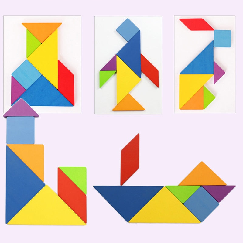 Colorful Wooden Tangram Puzzle in Tin Box
