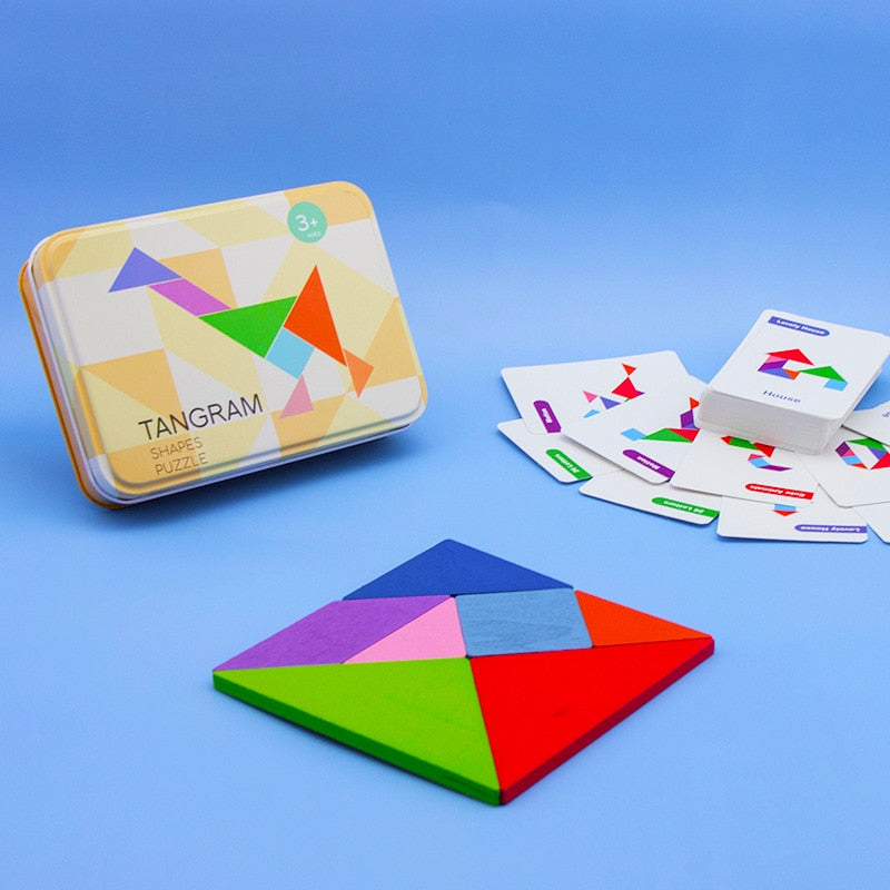 Colorful Wooden Tangram Puzzle in Tin Box