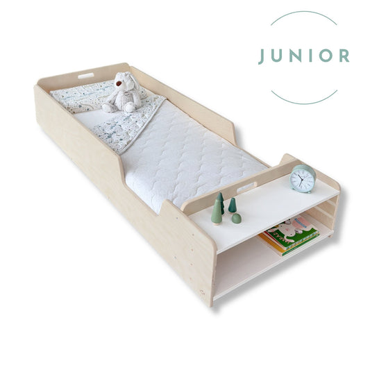 APPLE JUNIOR - Montessori Floor Bed with Rails & Shelves