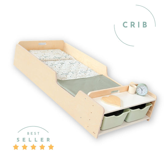 APPLE CRIB - Montessori Floor Bed with Rails & Shelves