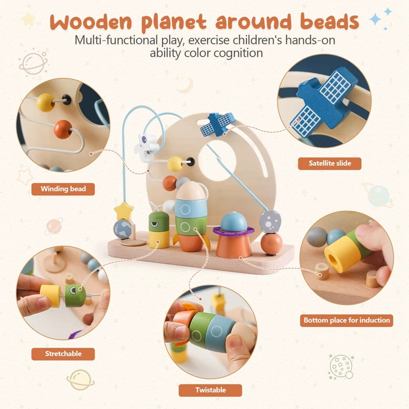 Montessori Baby'S Wooden Planet Rocket Maze Toy