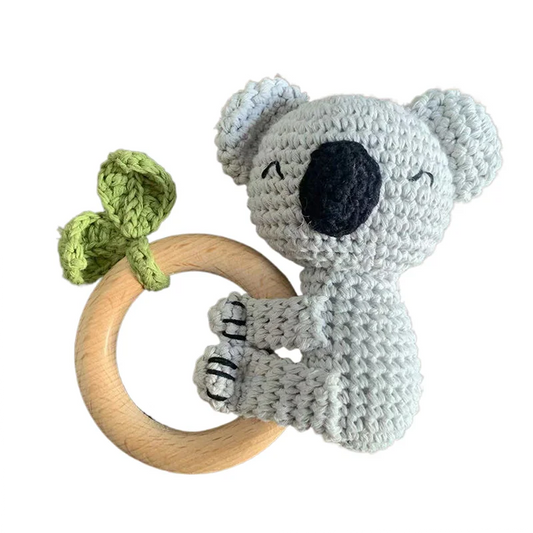 Crochet Wooden Teether Ring Rattle - Koala Leaf