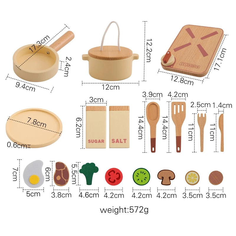 Set of wooden kitchen utensils with measurements on a white background