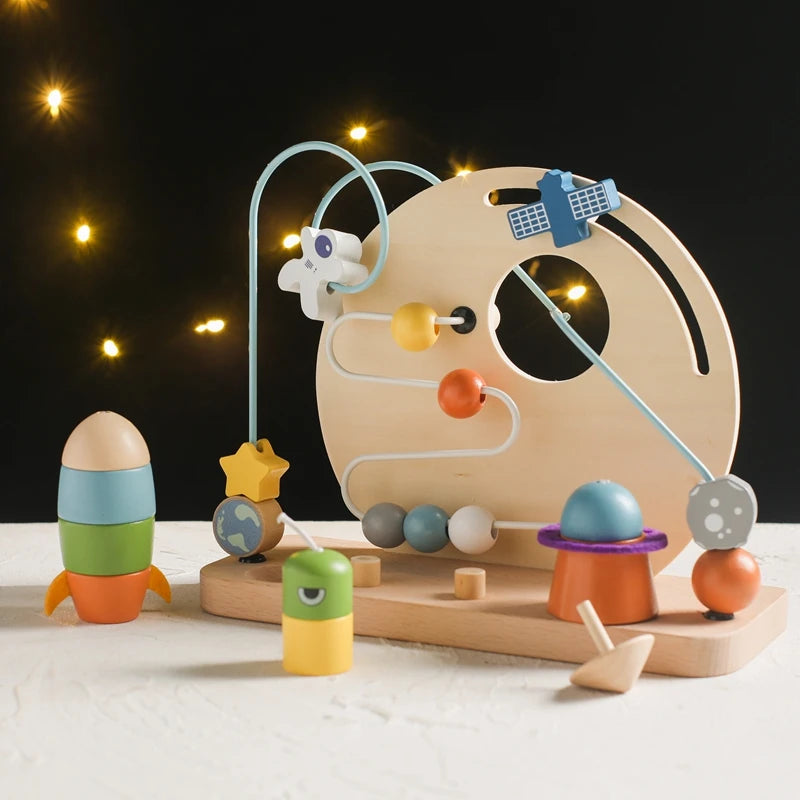Montessori Baby'S Wooden Planet Rocket Maze Toy