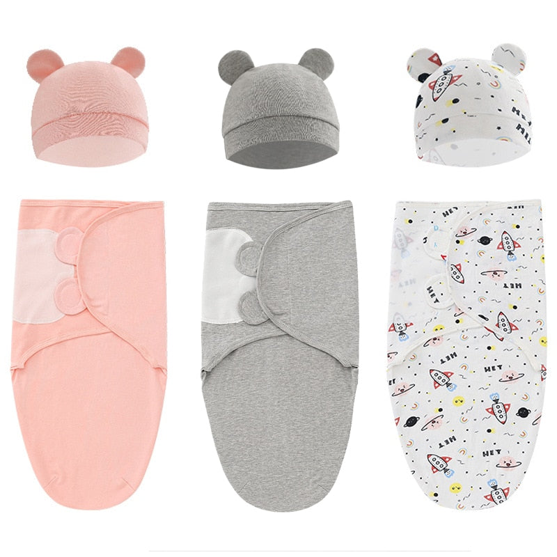 Cotton Baby Swaddle Wrap with Hat - Grey