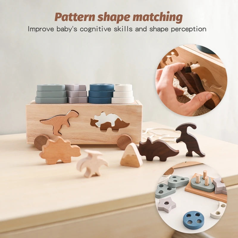 Montessori Wooden Dinosaur Car Toy – Shape Sorting & Stacking Cognitive Game