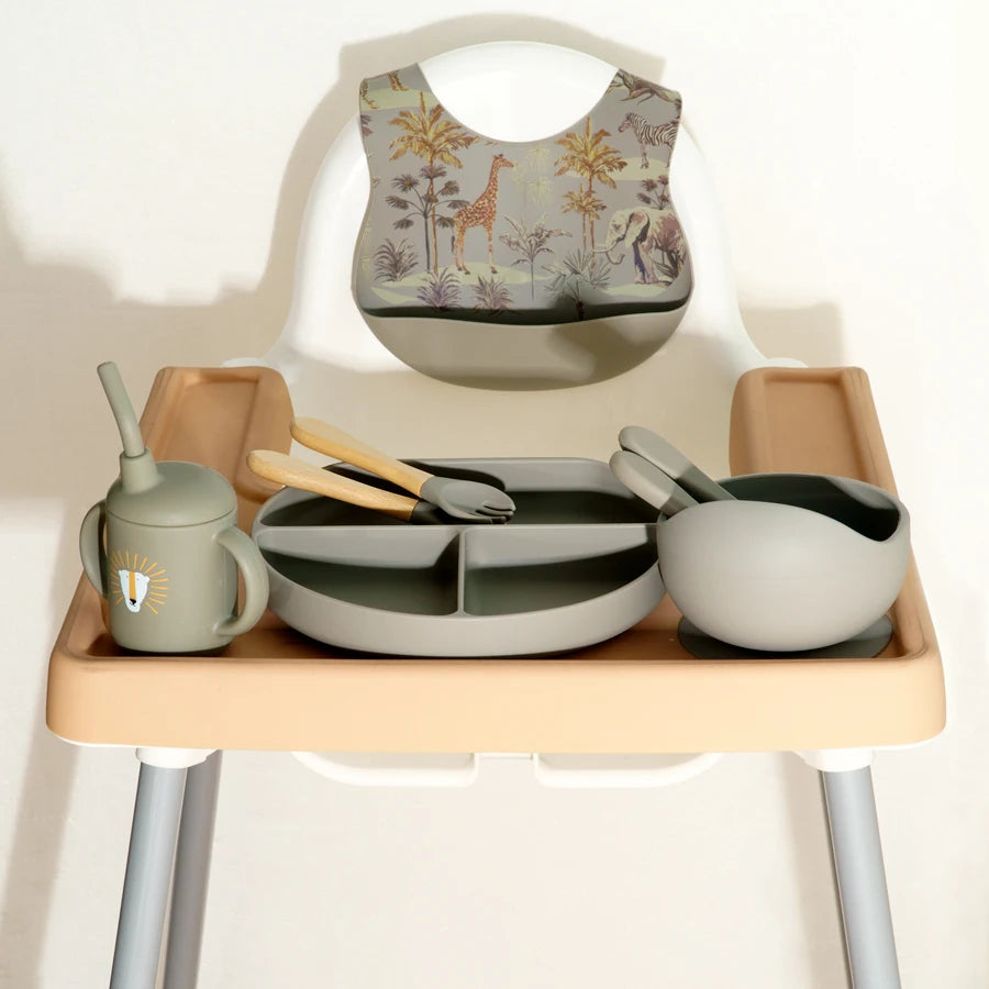 Silicone Baby Feeding Set BPA Free with Waterproof Bibs - Safari Sage