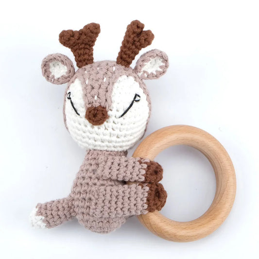 Crochet Wooden Teether Ring Rattle - Deer Brown