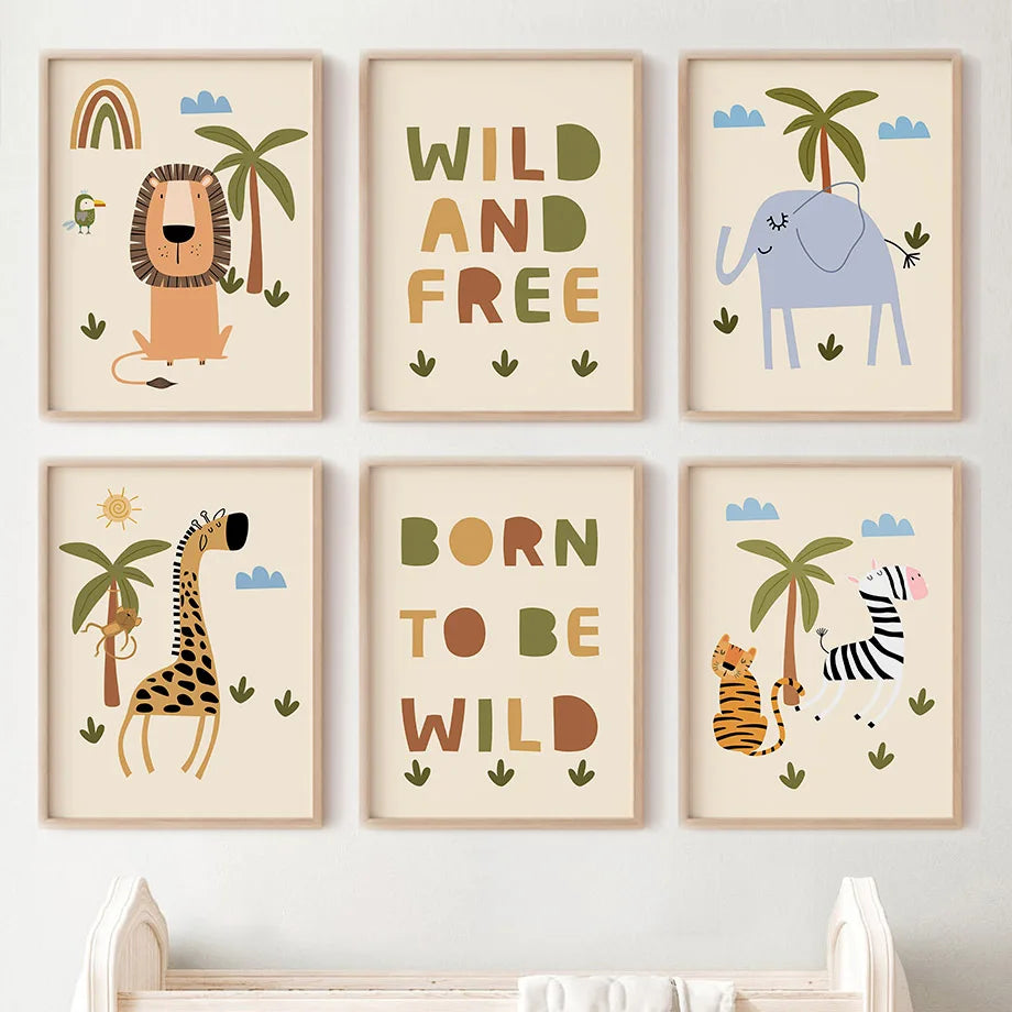 A set of framed posters with illustrations of animals such as a lion, elephant, giraffe, and tiger, along with text themes like 'WILD AND FREE' and 'BORN TO BE WILD'. The posters are intended for nursery decor.