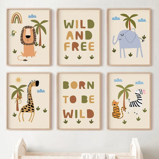 A set of framed posters with illustrations of animals such as a lion, elephant, giraffe, and tiger, along with text themes like 'WILD AND FREE' and 'BORN TO BE WILD'. The posters are intended for nursery decor.