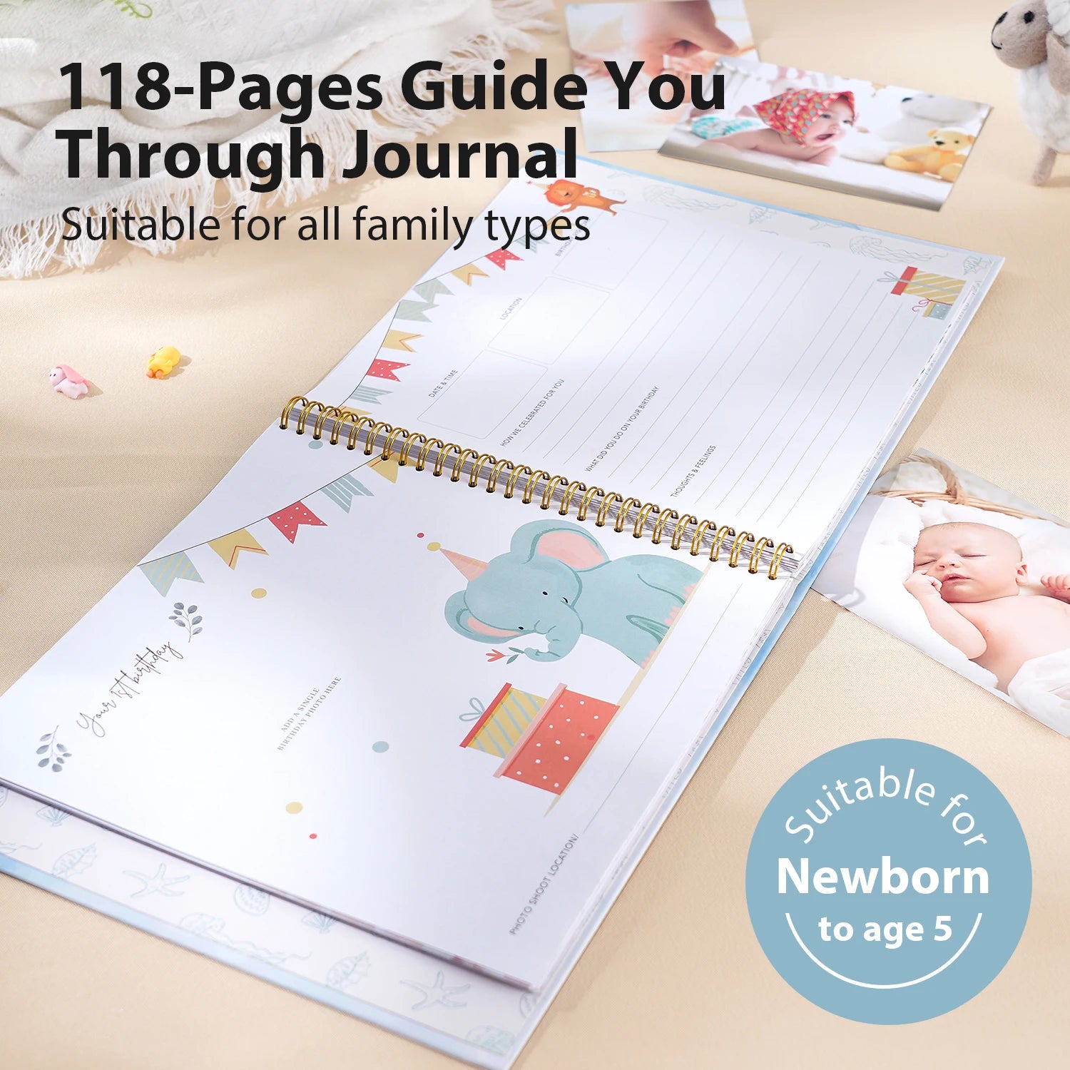 Baby journal with illustrations on a table with baby photos