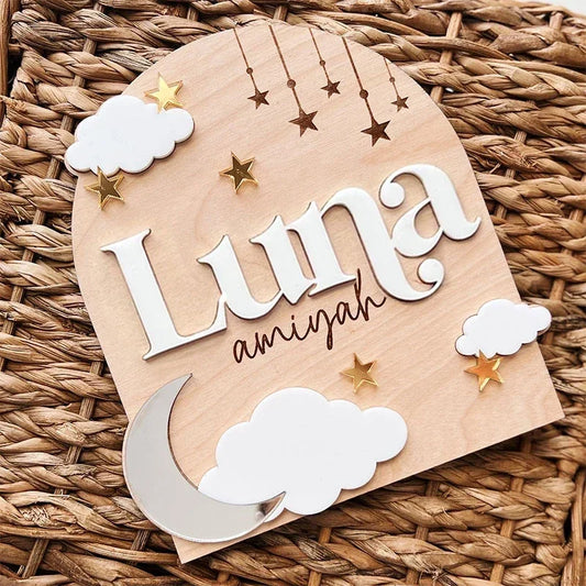 Personalized Moon and Cloud Baby Announcement Board