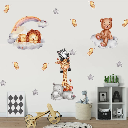 Children's room with wall stickers of animals and toys on a white wall.
