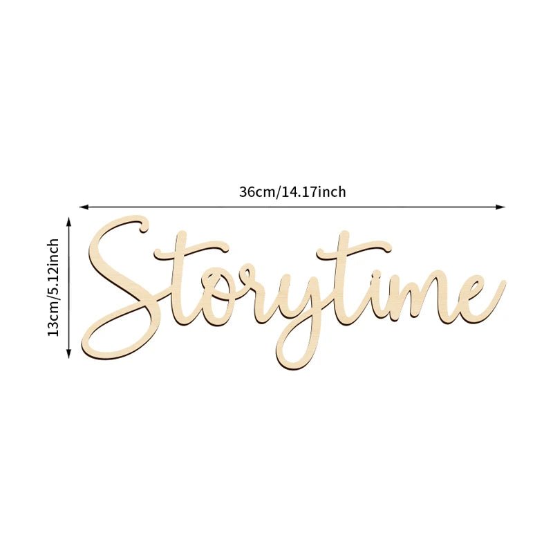 Wooden sign with 'Storytime' text and measurements on a white background
