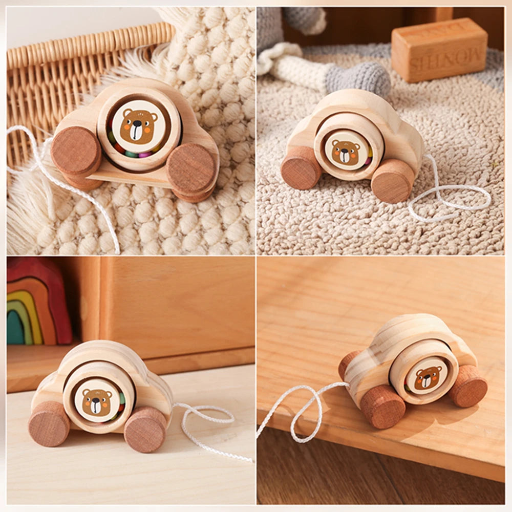 Wooden Pull-Along Animal Toy - Bear Car