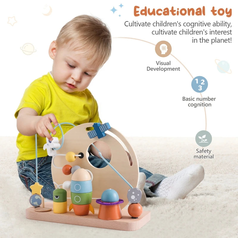 Montessori Baby'S Wooden Planet Rocket Maze Toy