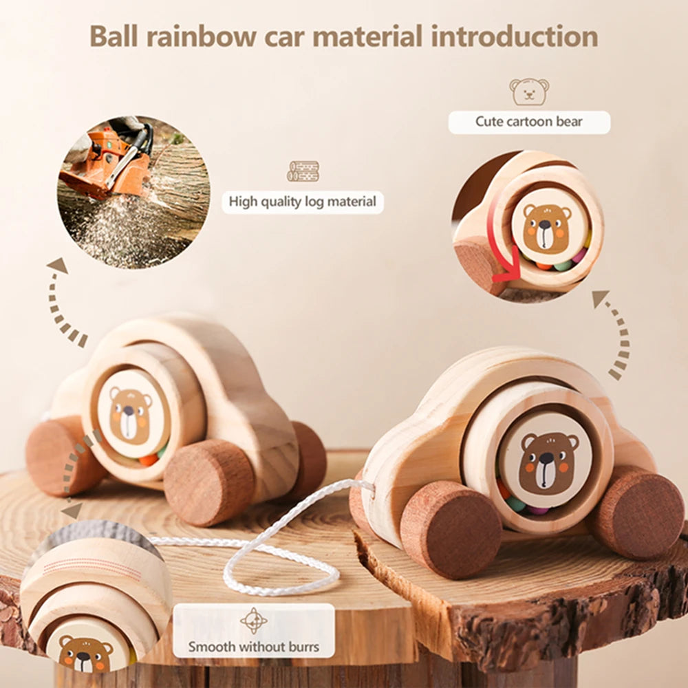 Wooden Pull-Along Animal Toy - Bear Car