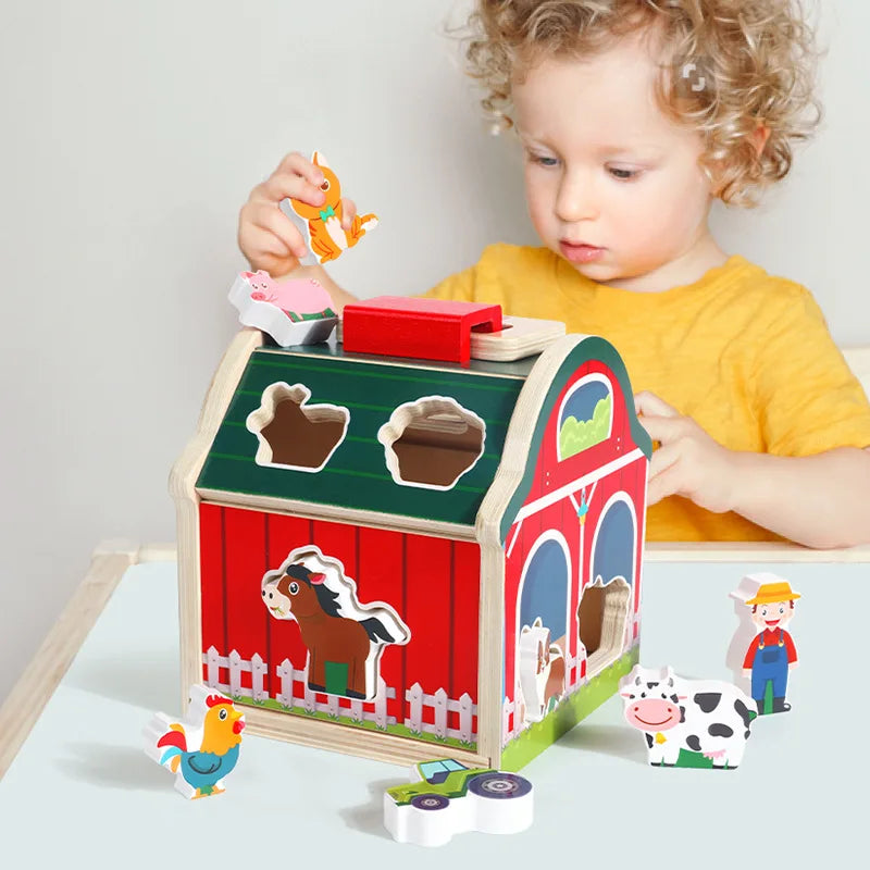 Montessori Wooden Animal Barn Shape Sorter – Cognitive Matching Educational Toy for Toddlers