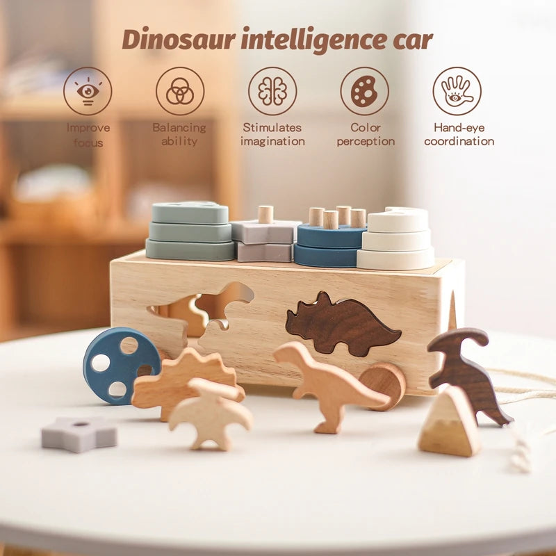 Montessori Wooden Dinosaur Car Toy – Shape Sorting & Stacking Cognitive Game