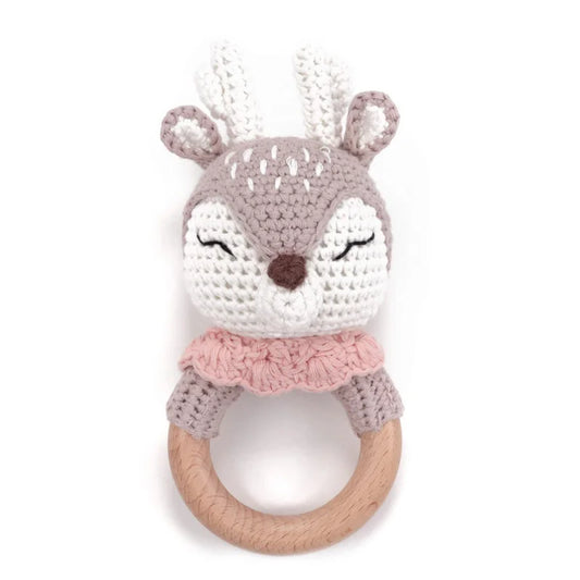 Crochet Wooden Teether Ring Rattle - Deer Pink