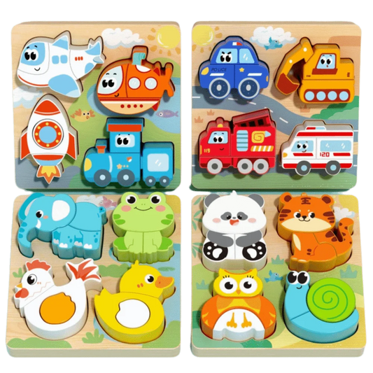 Set of four wooden puzzles with animal, vehicle, and nature-themed figures on a white background.