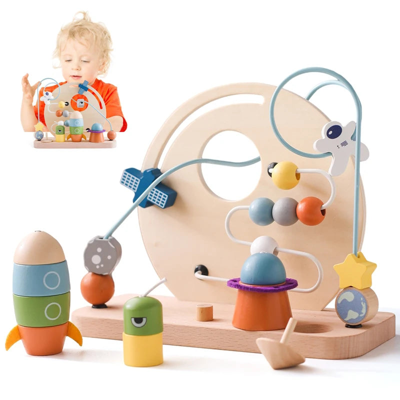 Montessori Baby'S Wooden Planet Rocket Maze Toy