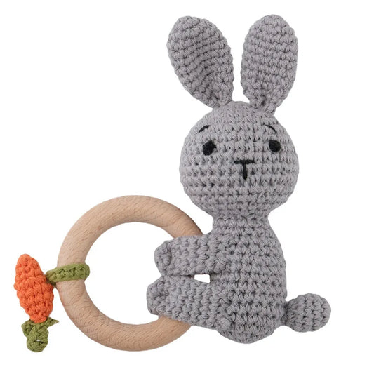 Crochet Wooden Teether Ring Rattle - Bunny with carrot