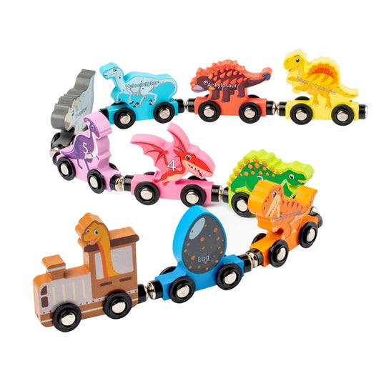 Set of colorful toy trains with dinosaur designs on a white background