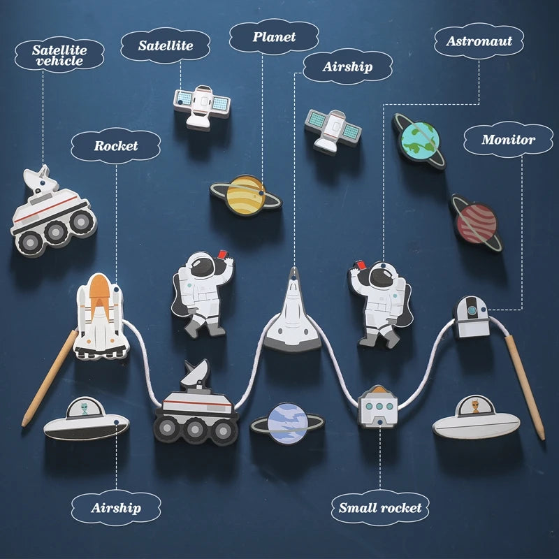 Collection of space-themed pins on a dark blue background with labels.