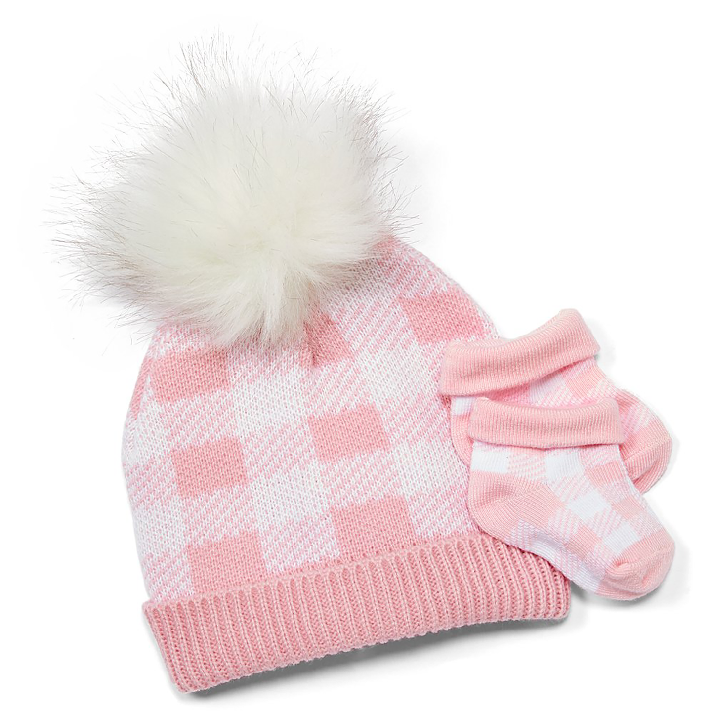 Baby's Plaid Hat and Booties Set - Pink