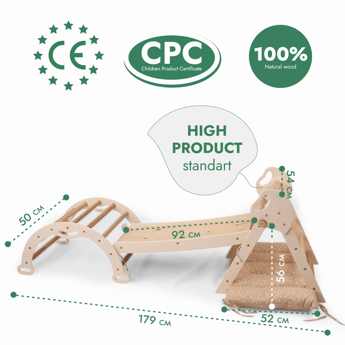 4in1 Montessori Climbing Set: Pikler Triangle, Arch, Slide Board, and Cushion for Toddlers (1–3 Years)