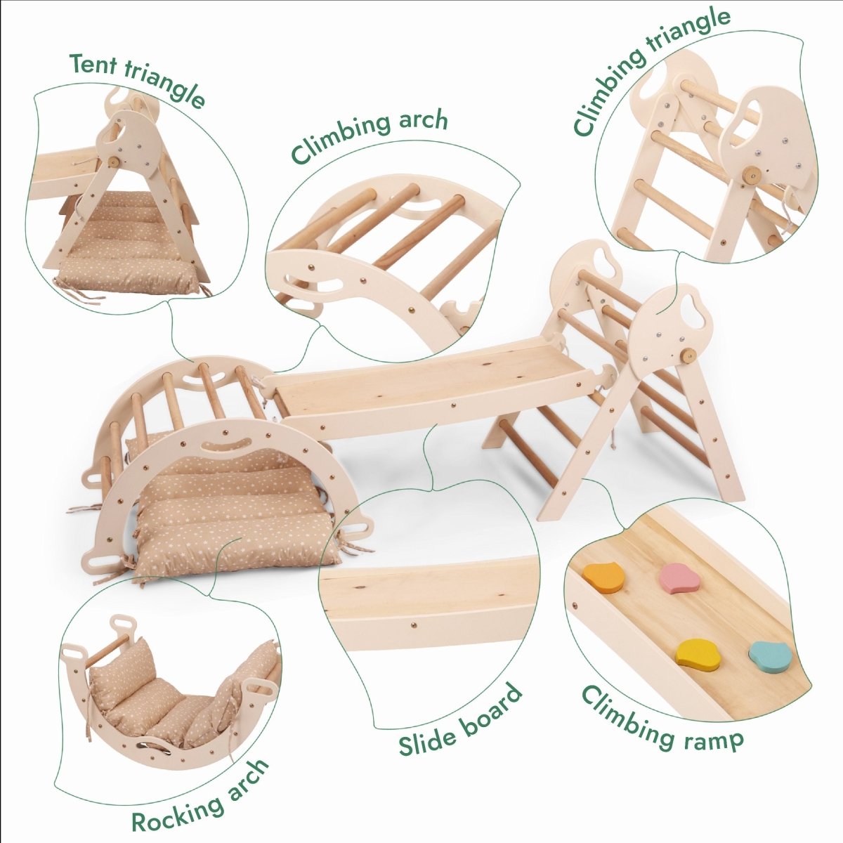 4in1 Montessori Climbing Set: Pikler Triangle, Arch, Slide Board, and Cushion for Toddlers (1–3 Years)