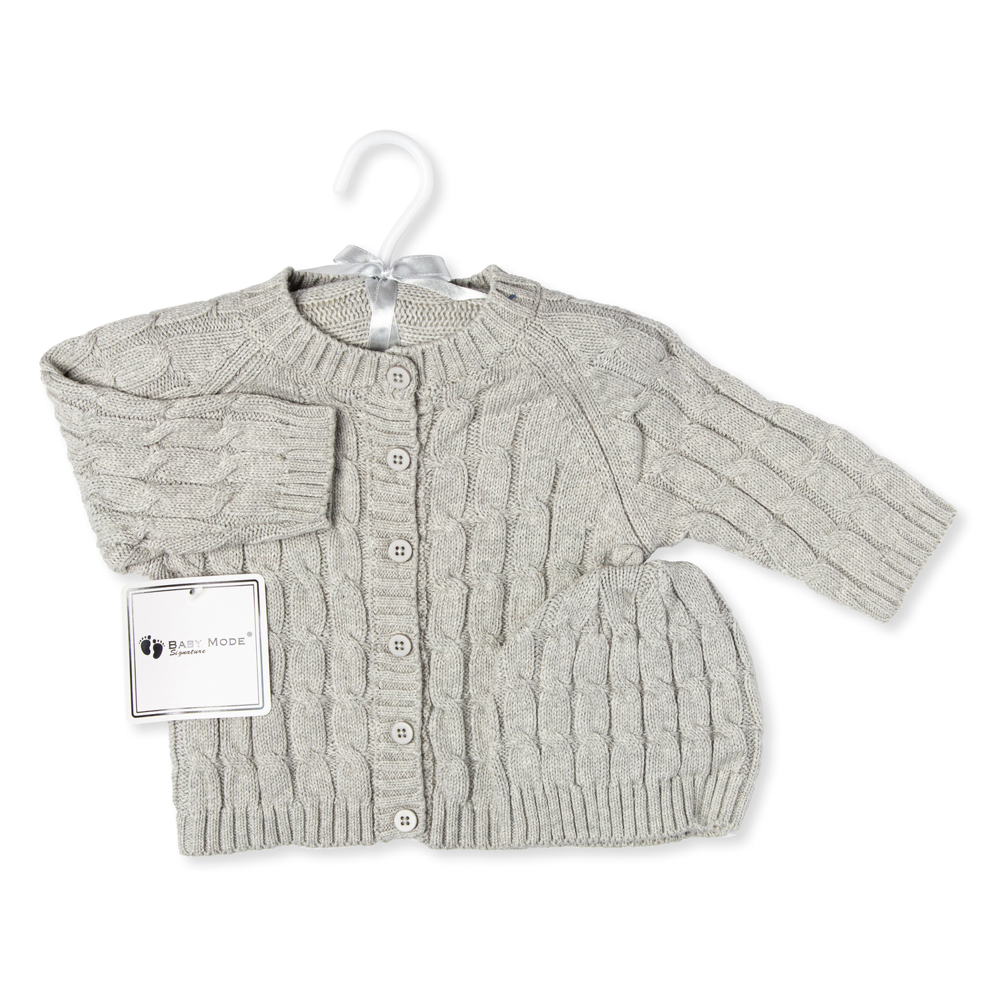 Cable Knit Baby's Cardigan with Beanie Set - Grey