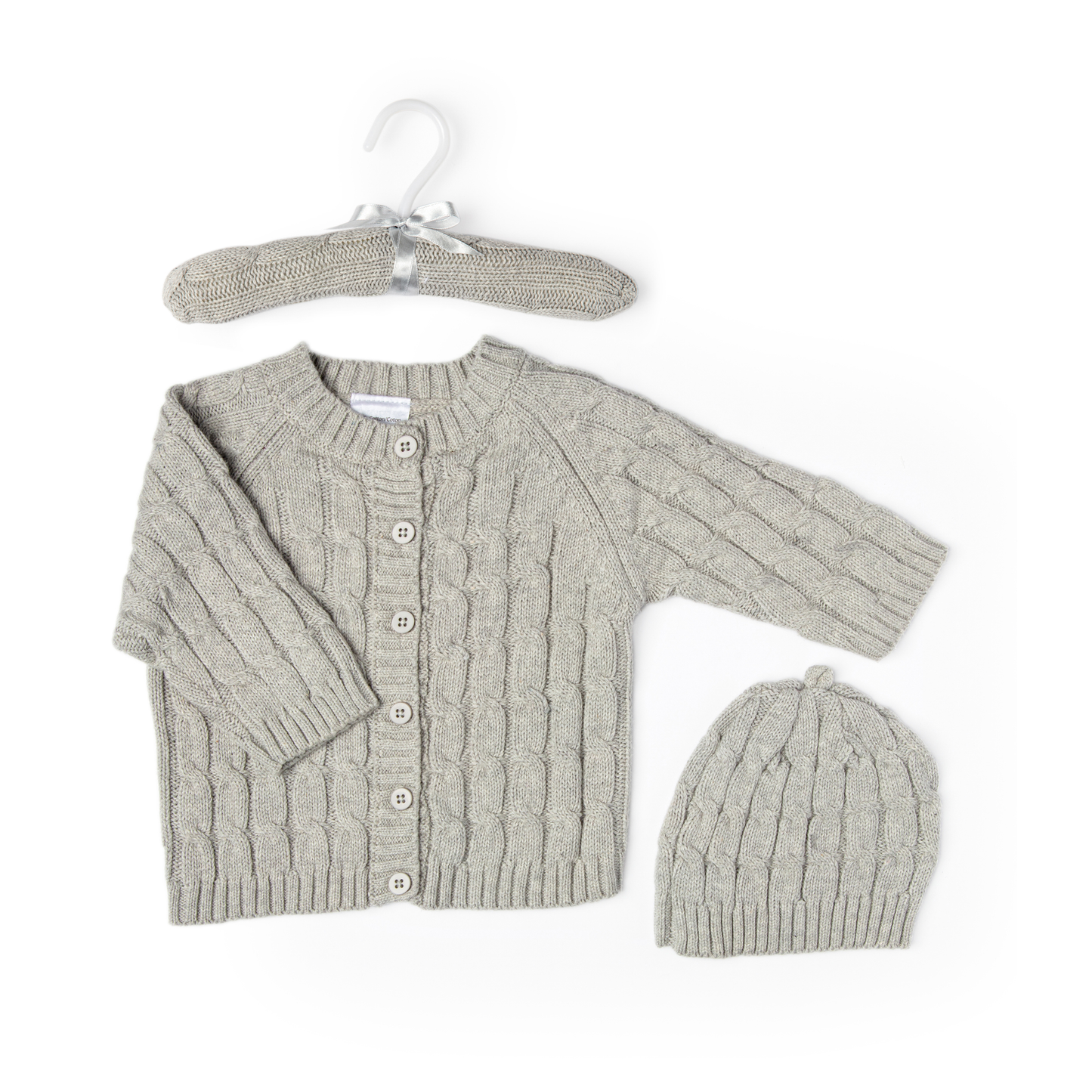 Cable Knit Baby's Cardigan with Beanie Set - Grey