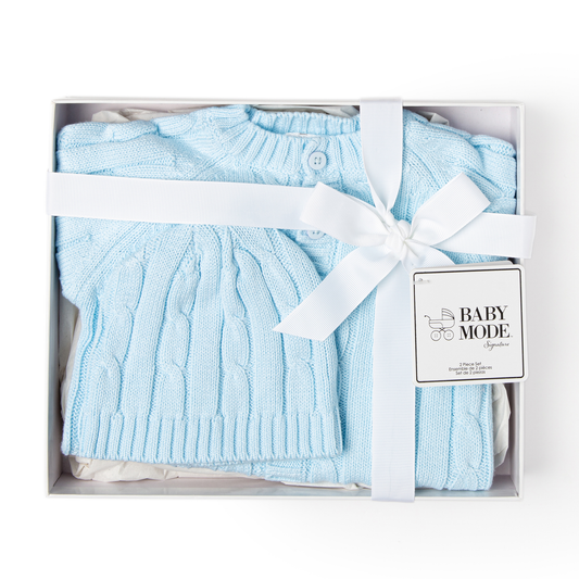 Cable Knit Cardigan and Hat Gift Set - Blue