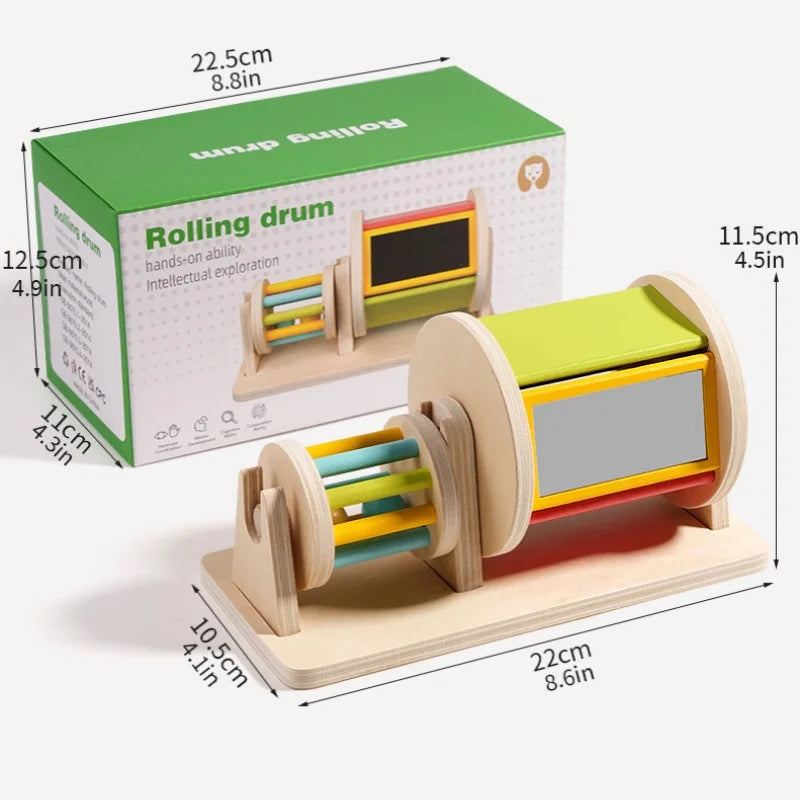 Wooden Montessori Color Rolling Drum Toy with Mirror