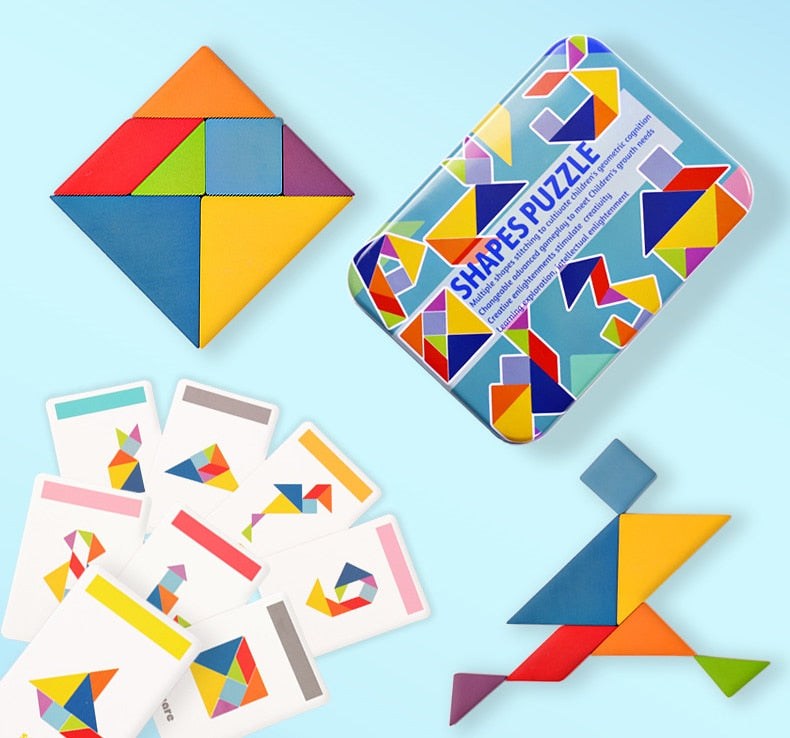 Colorful Wooden Tangram Puzzle in Tin Box