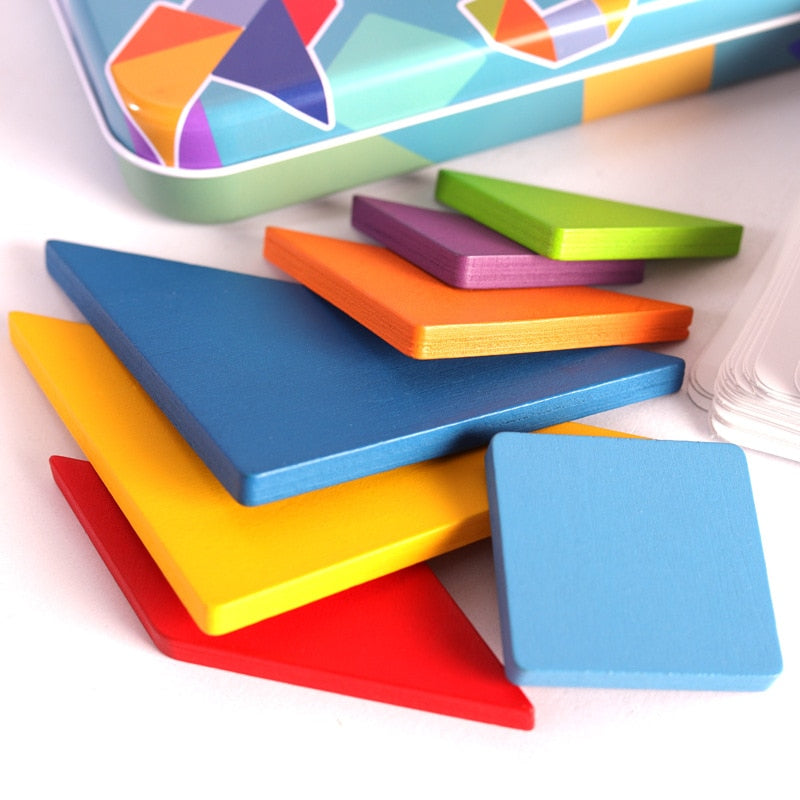 Colorful Wooden Tangram Puzzle in Tin Box