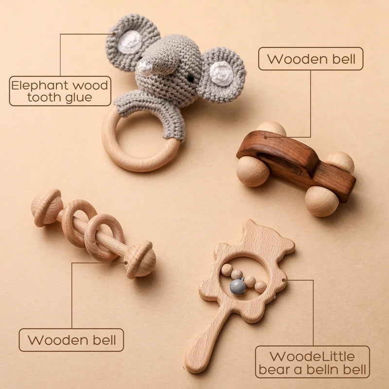 Montessori Wooden Crochet Rattle & Teether Set (4 PCS)