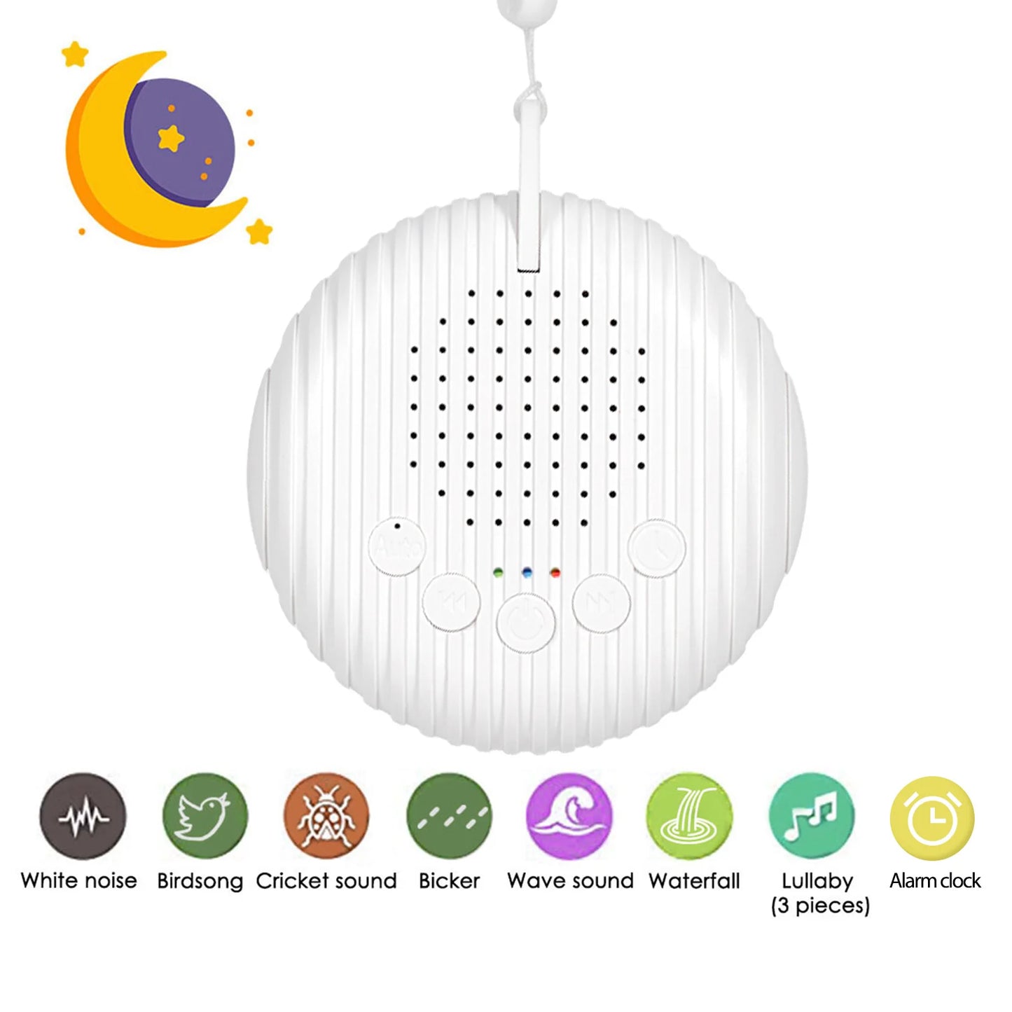 White noise machine with various sound options on a white background