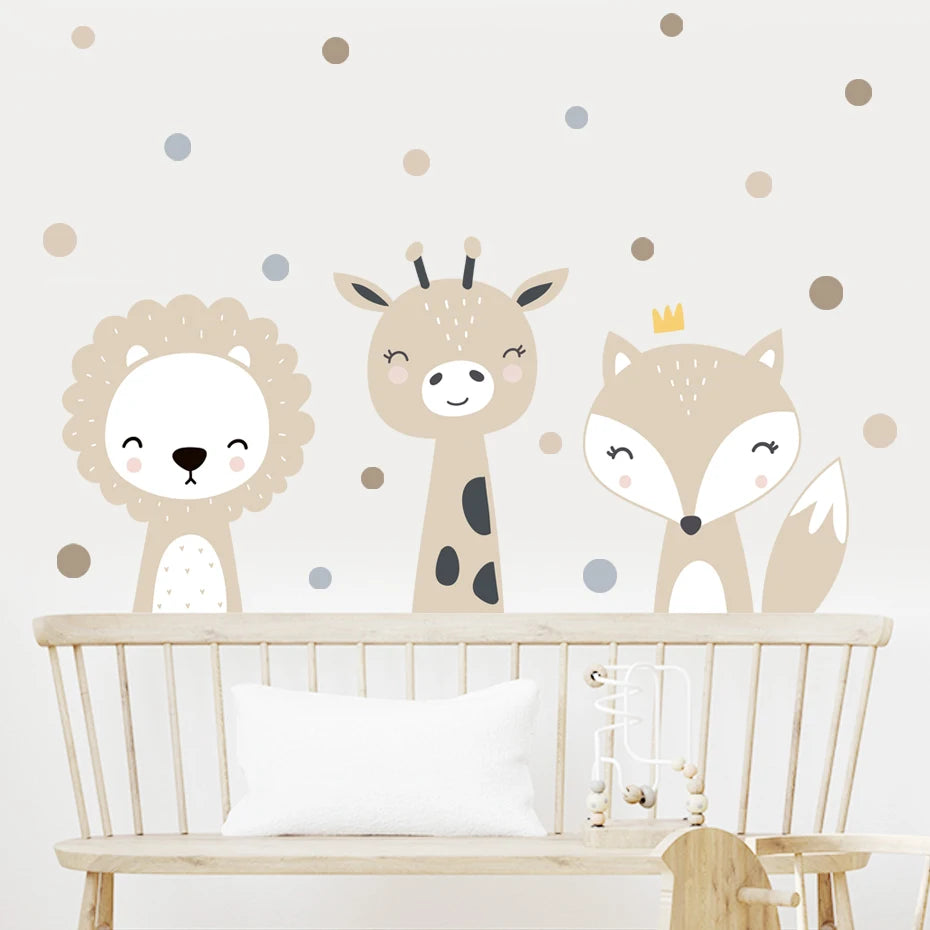 Cute Deer Fox Polka Dots Beige Wall Sticker for Children's Nursery