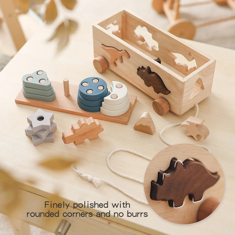 Montessori Wooden Dinosaur Car Toy – Shape Sorting & Stacking Cognitive Game
