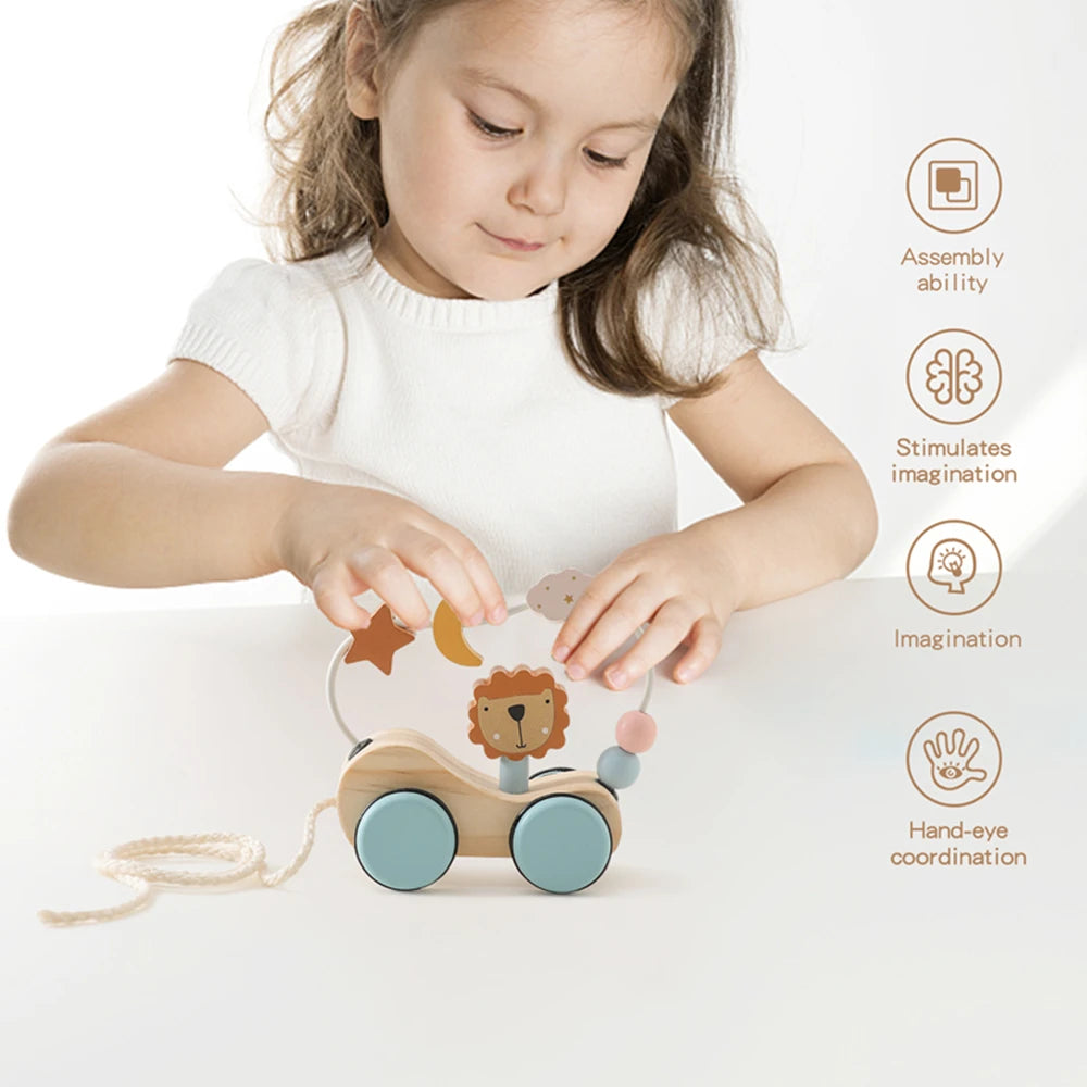 Wooden Pull-Along Car with Lion & Bead Maze