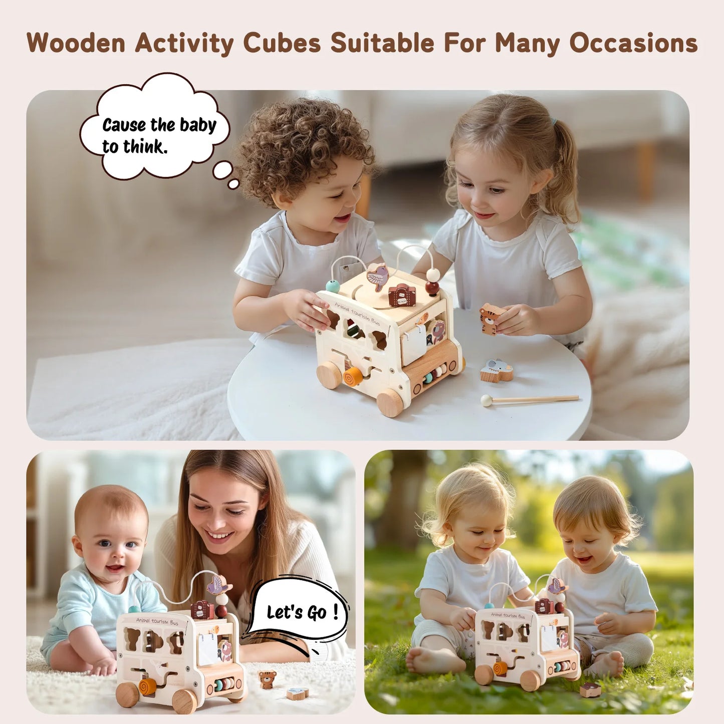 Montessori Wooden Busy Bus – Polyhedron Activity Toy for 0–12 Months