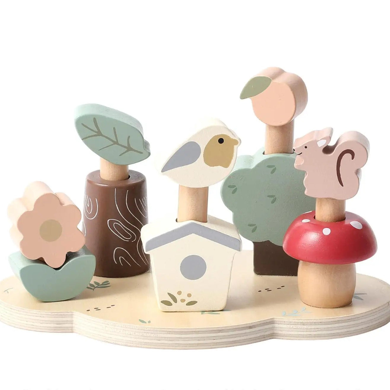 Wooden toy set with animals, plants, and a house on a white background
