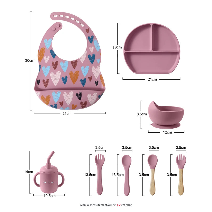 Silicone Baby Feeding Set BPA Free with Waterproof Bibs - Hearts